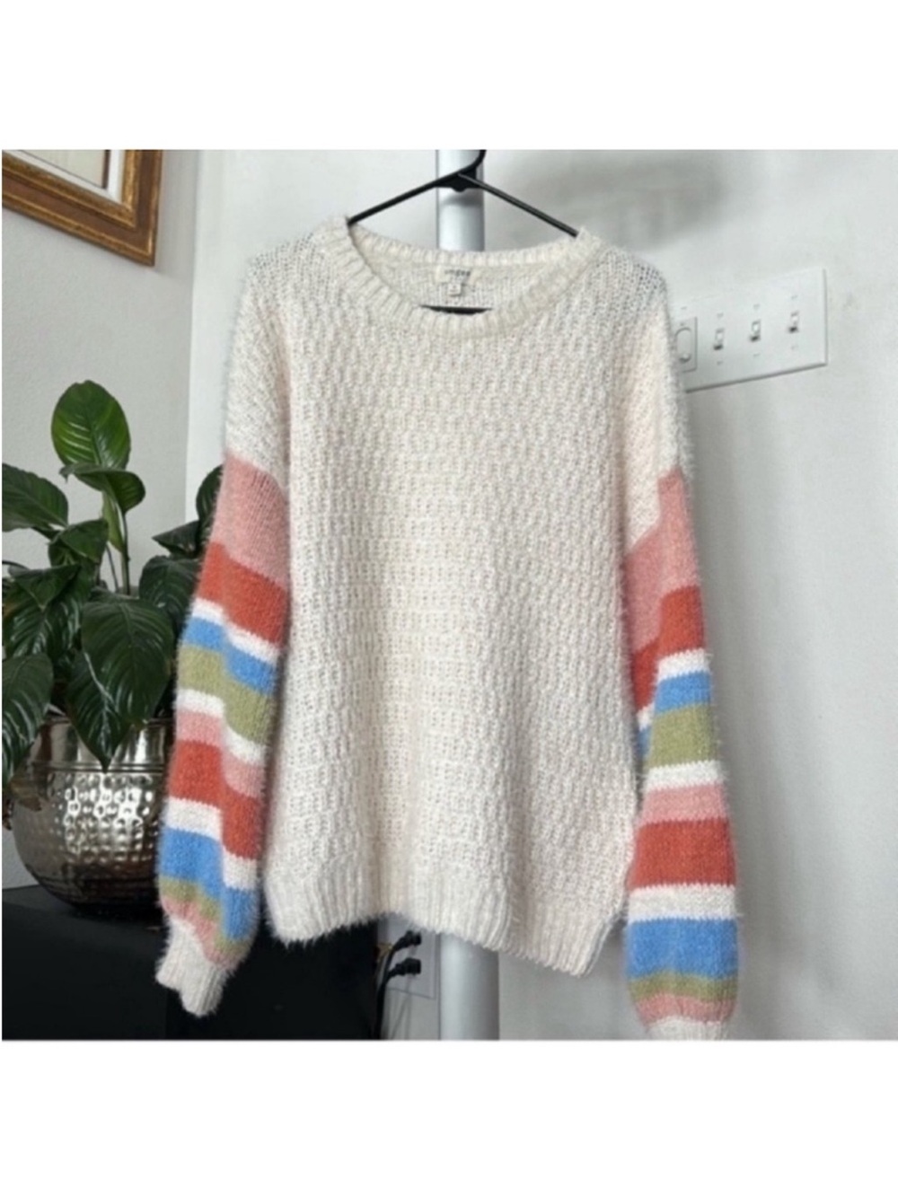 Umgee Knit Sweater Sz M ivory Striped Colorful Long Sleeves Crew